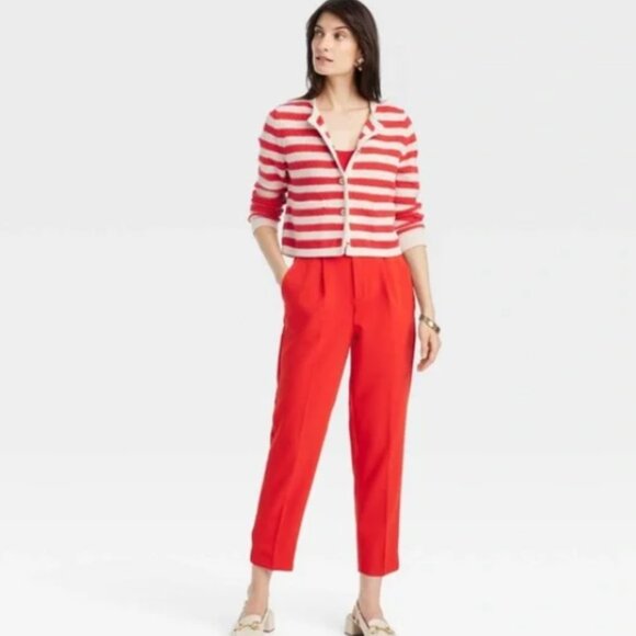 NWOTRed + Off-White Striped Long Sleeve Cardigan Sweater Gold Buttons Heavy Knit - Picture 4 of 6